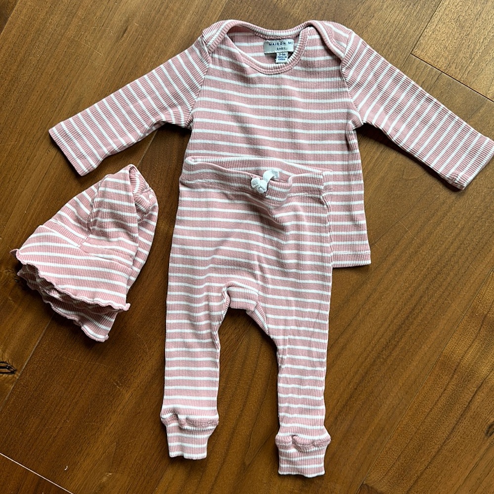 Maisonette Baby Matching Set / Pink & White Striped 3-6 months